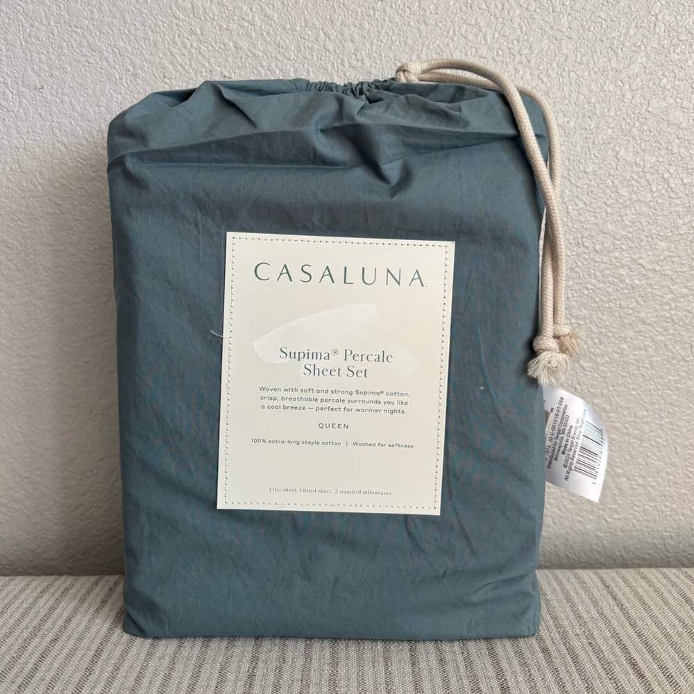 NWT Queen Washed Supima Percale Sheet Set 250 Thread Count Light Teal - Casaluna